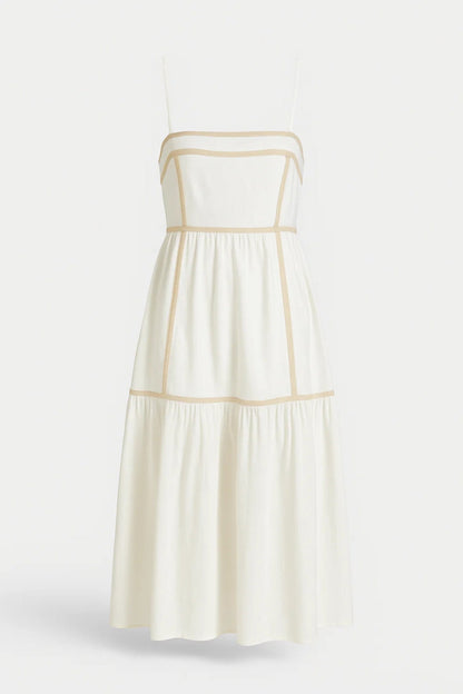 Robe Midi Femme - Bretelles Fines Étagée Bordures Dorées | Été