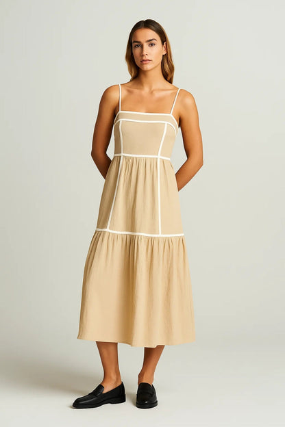 Robe Midi Femme - Bretelles Fines Étagée Bordures Dorées | Été