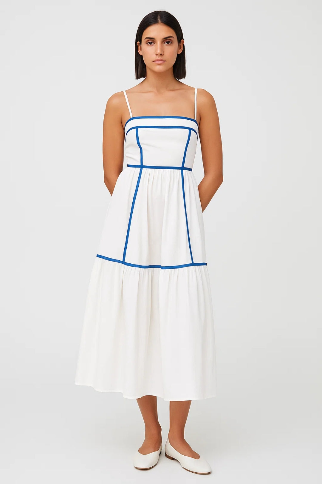 Robe Midi Femme - Bretelles Fines Étagée Bordures Dorées | Été