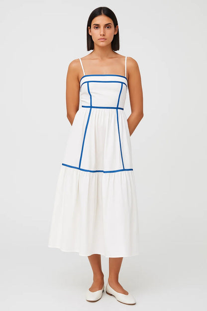 Robe Midi Femme - Bretelles Fines Étagée Bordures Dorées | Été
