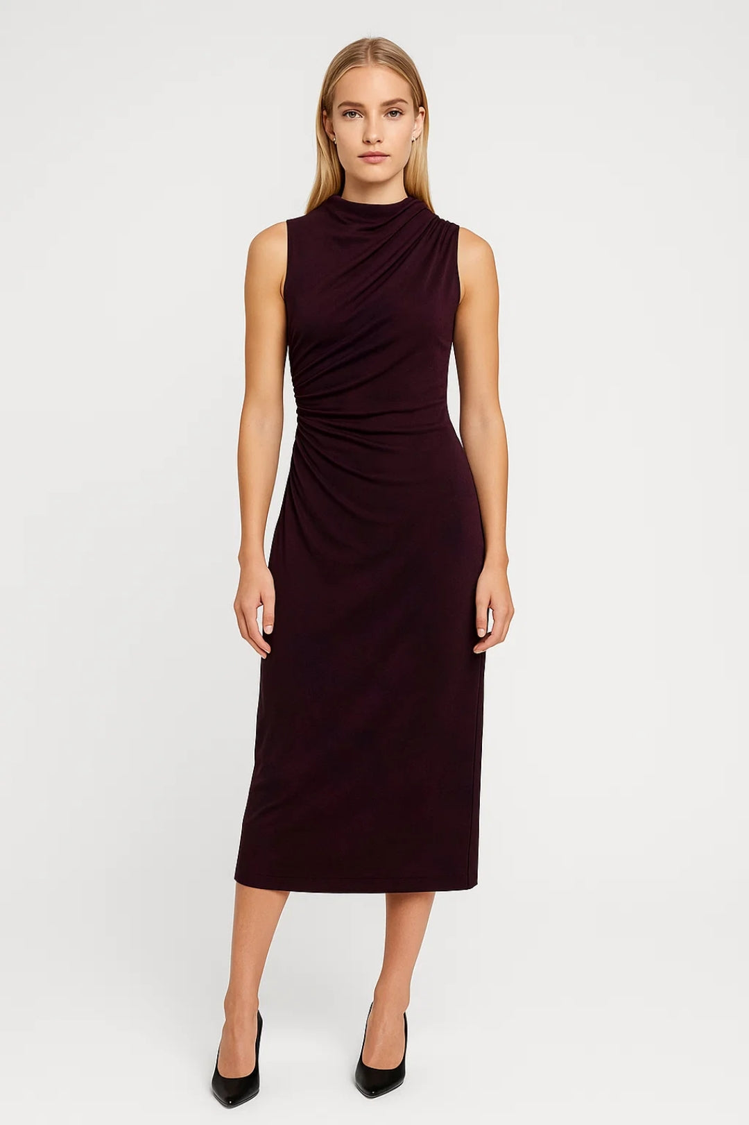 Robe midi Femme - Drapée Col Montant sans Manches | Raffinée