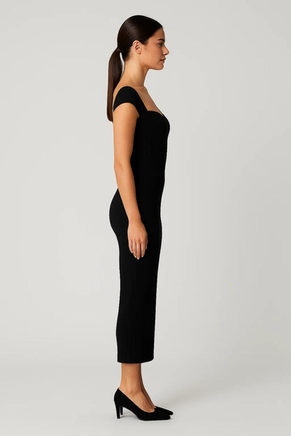 Robe Midi Femme - Encolure Cœur Manches Courtes Moulante | Chic