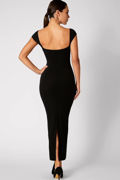 Robe Midi Femme - Encolure Cœur Manches Courtes Moulante | Chic