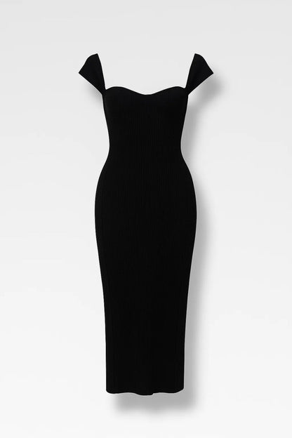 Robe Midi Femme - Encolure Cœur Manches Courtes Moulante | Chic