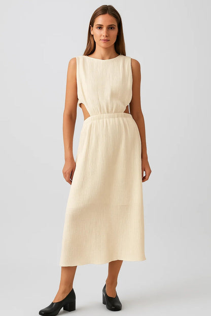 Robe Midi Femme - Découpée Taille Haute avec Détails Côtelés | Moderne