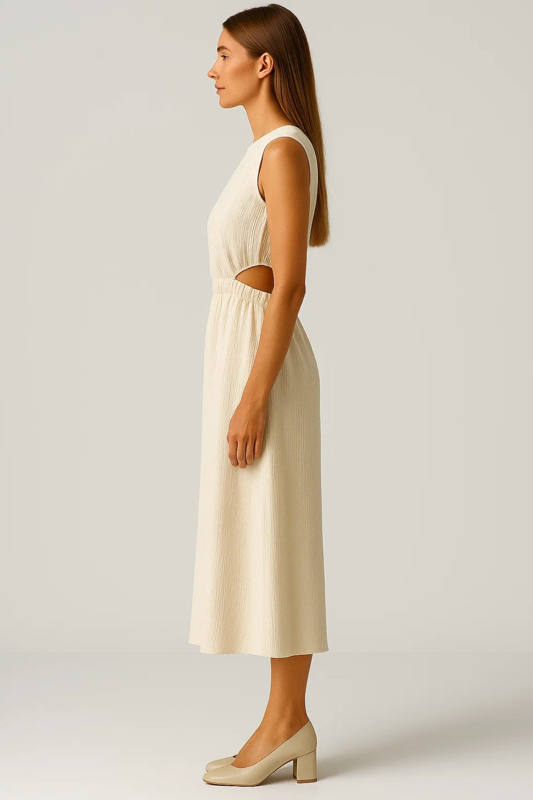 Robe Midi Femme - Découpée Taille Haute avec Détails Côtelés | Moderne
