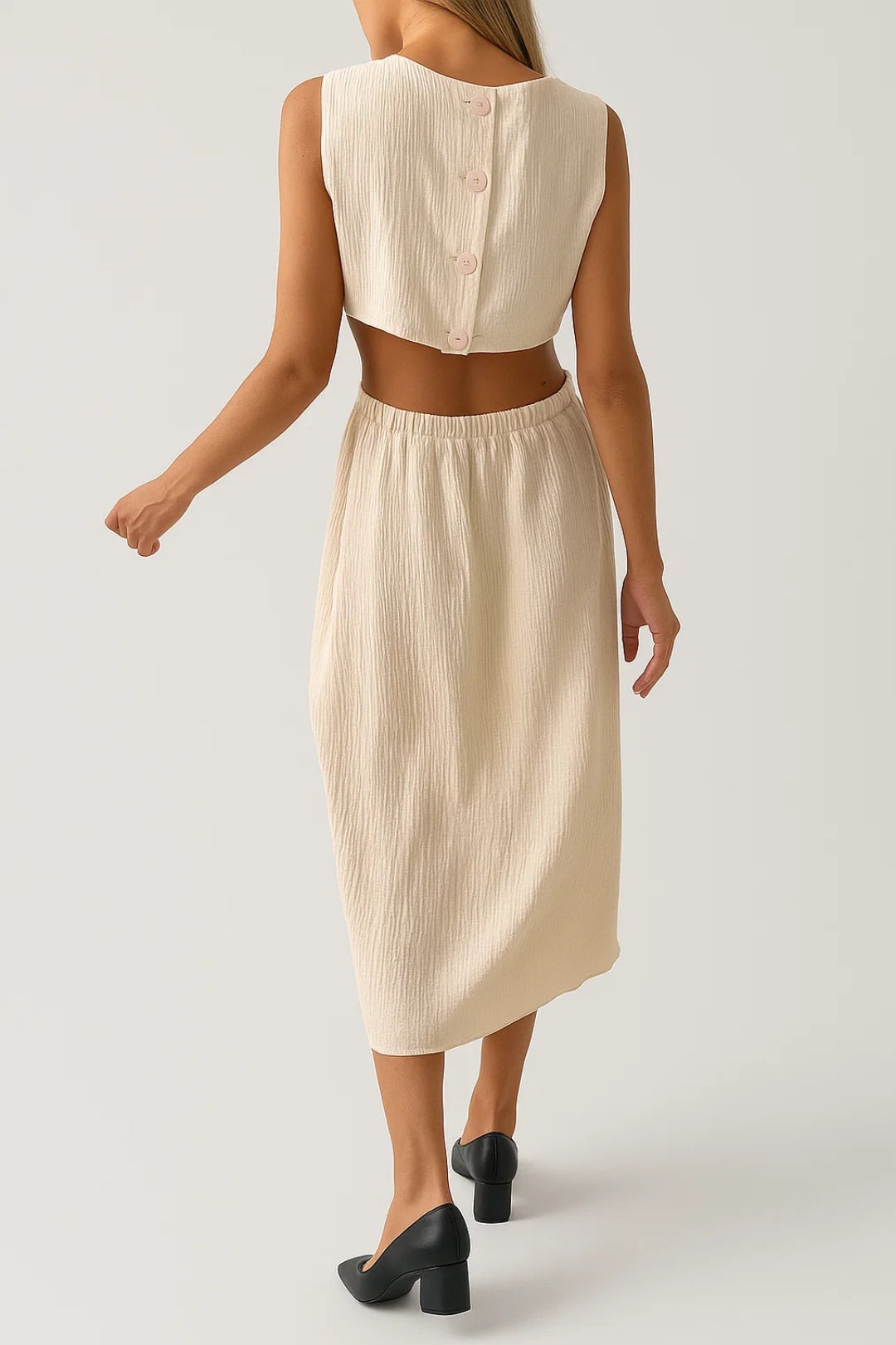 Robe Midi Femme - Découpée Taille Haute avec Détails Côtelés | Moderne