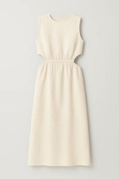 Robe Midi Femme - Découpée Taille Haute avec Détails Côtelés | Moderne