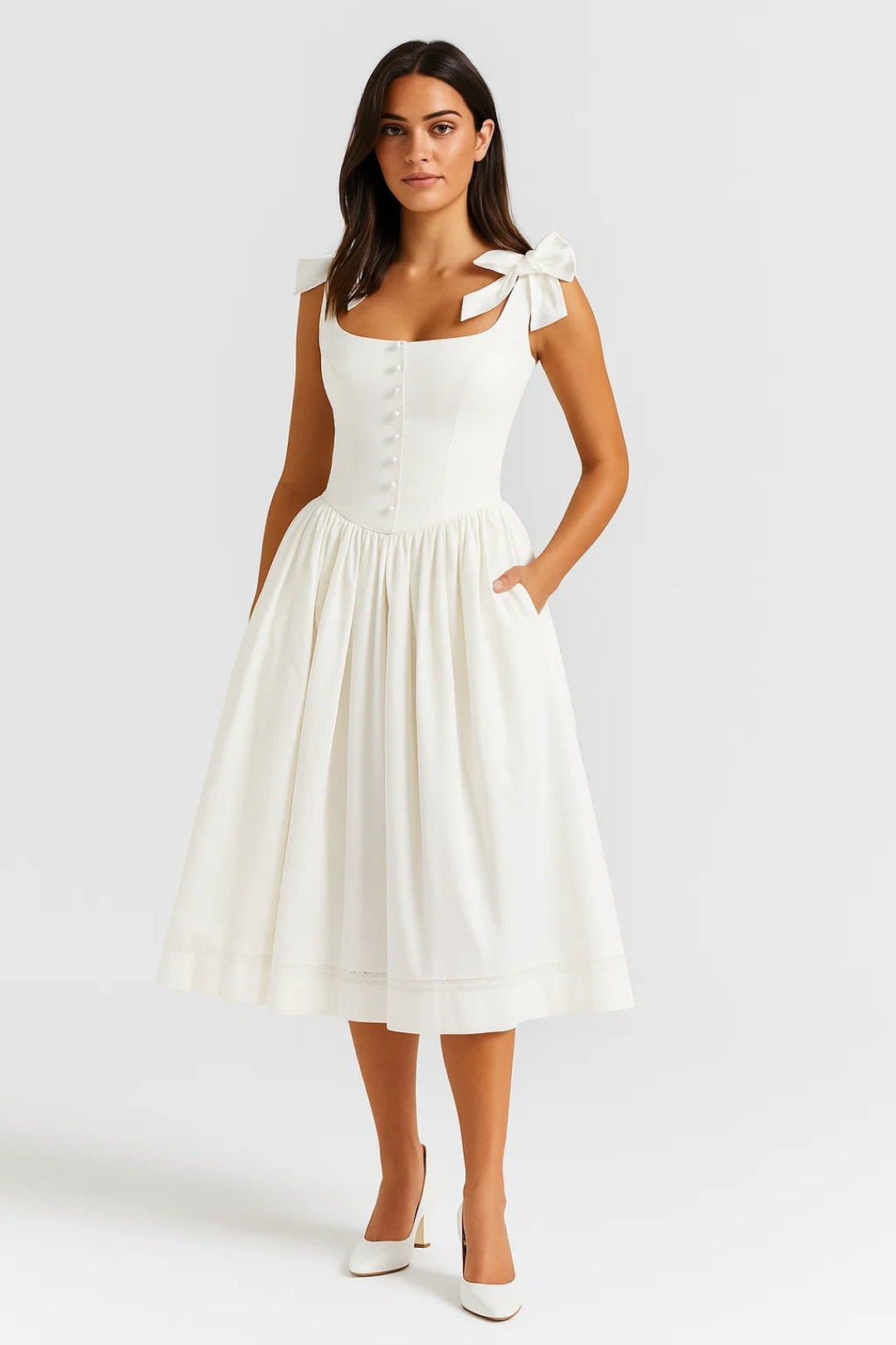 Robe Midi Femme - Bustier Bretelles Noeuds Jupe Évasée Poches | Chic