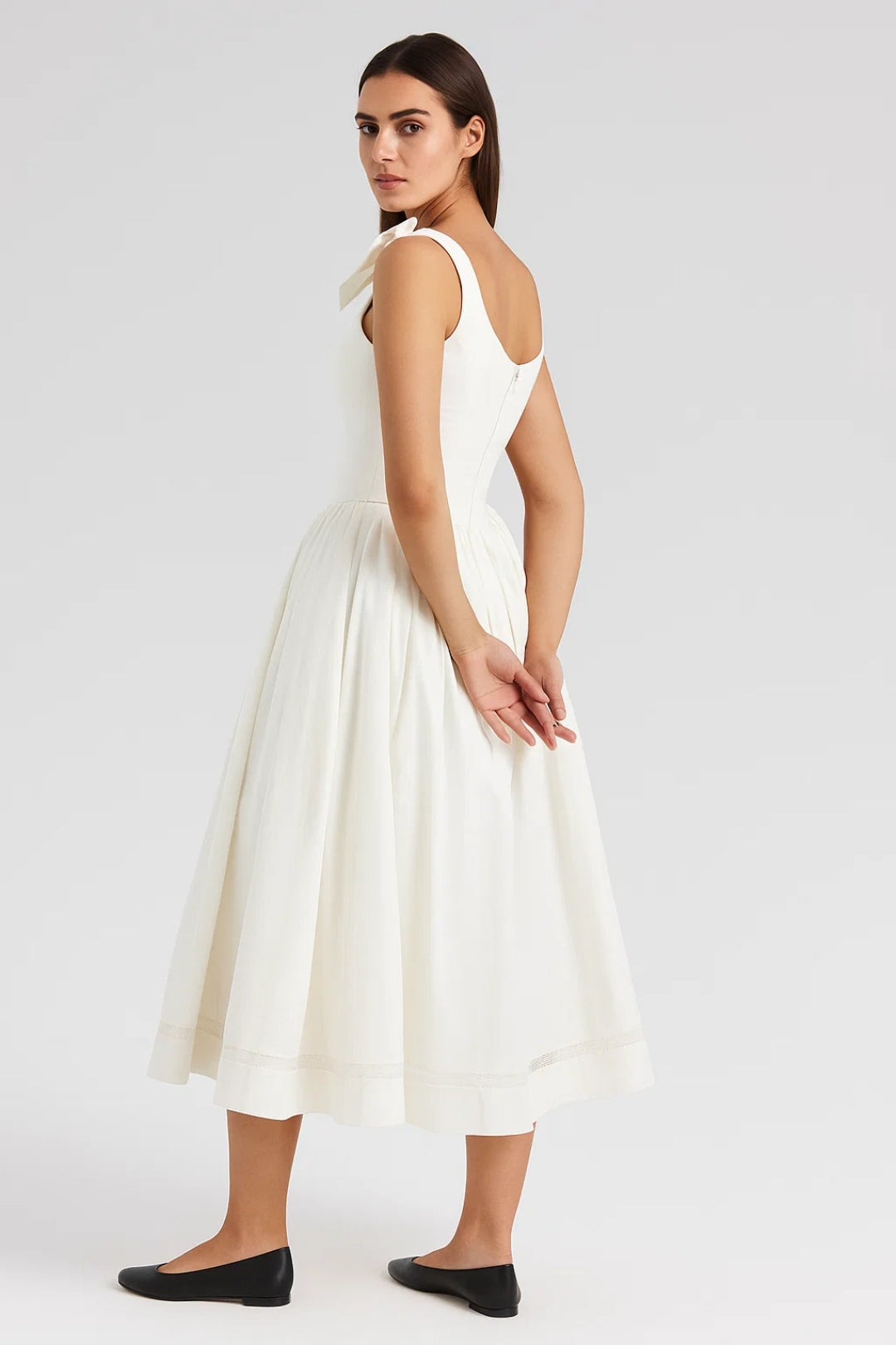 Robe Midi Femme - Bustier Bretelles Noeuds Jupe Évasée Poches | Chic