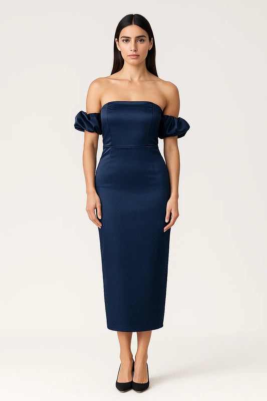 Robe Midi Femme - Épaules Dénudées Manches Bouffantes Gainante | Chic