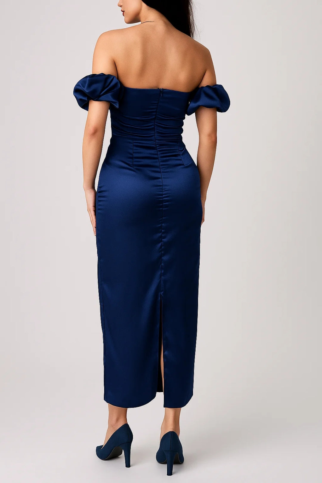 Robe Midi Femme - Épaules Dénudées Manches Bouffantes Gainante | Chic