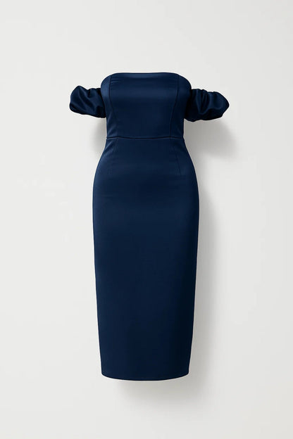 Robe Midi Femme - Épaules Dénudées Manches Bouffantes Gainante | Chic