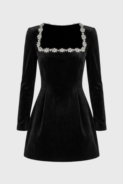 Robe Mini Femme - Manches Longues avec Bordure Cristaux | Soirée