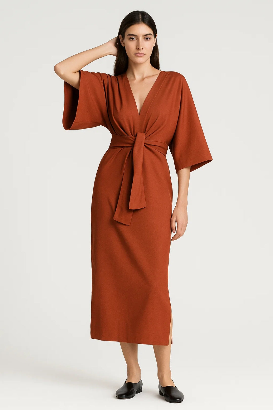 Robe Midi Femme - Col V Manches Kimono Ceinturée | Élégante