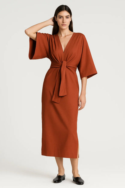 Robe Midi Femme - Col V Manches Kimono Ceinturée | Élégante