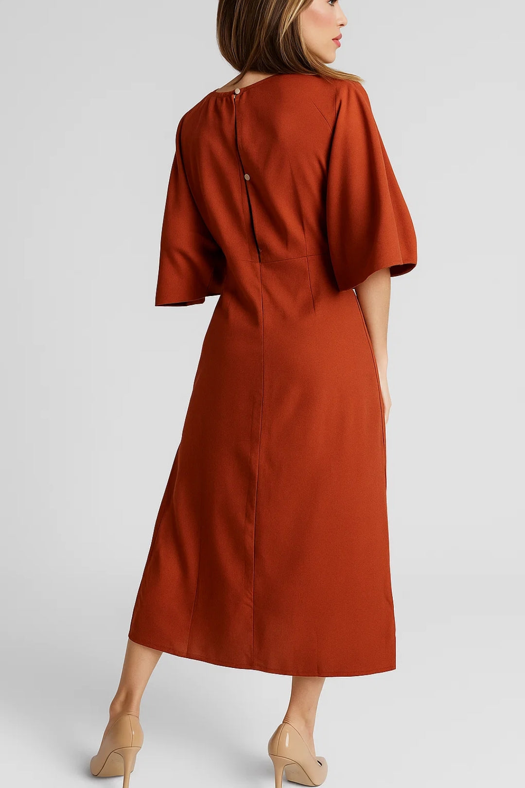 Robe Midi Femme - Col V Manches Kimono Ceinturée | Élégante