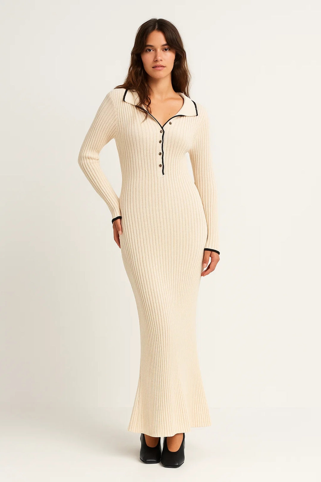 Robe maxi Femme - Côtelée avec Col Polo et Boutons | Chic