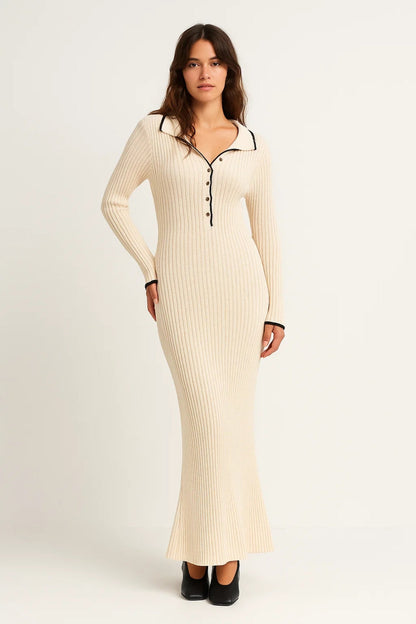 Robe maxi Femme - Côtelée avec Col Polo et Boutons | Chic