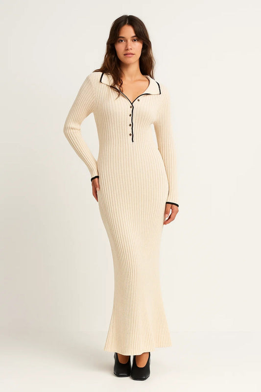 Robe maxi Femme - Côtelée avec Col Polo et Boutons | Chic