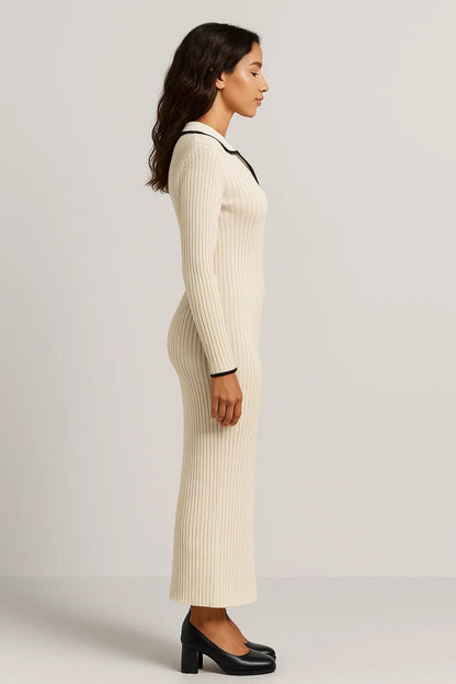 Robe maxi Femme - Côtelée avec Col Polo et Boutons | Chic