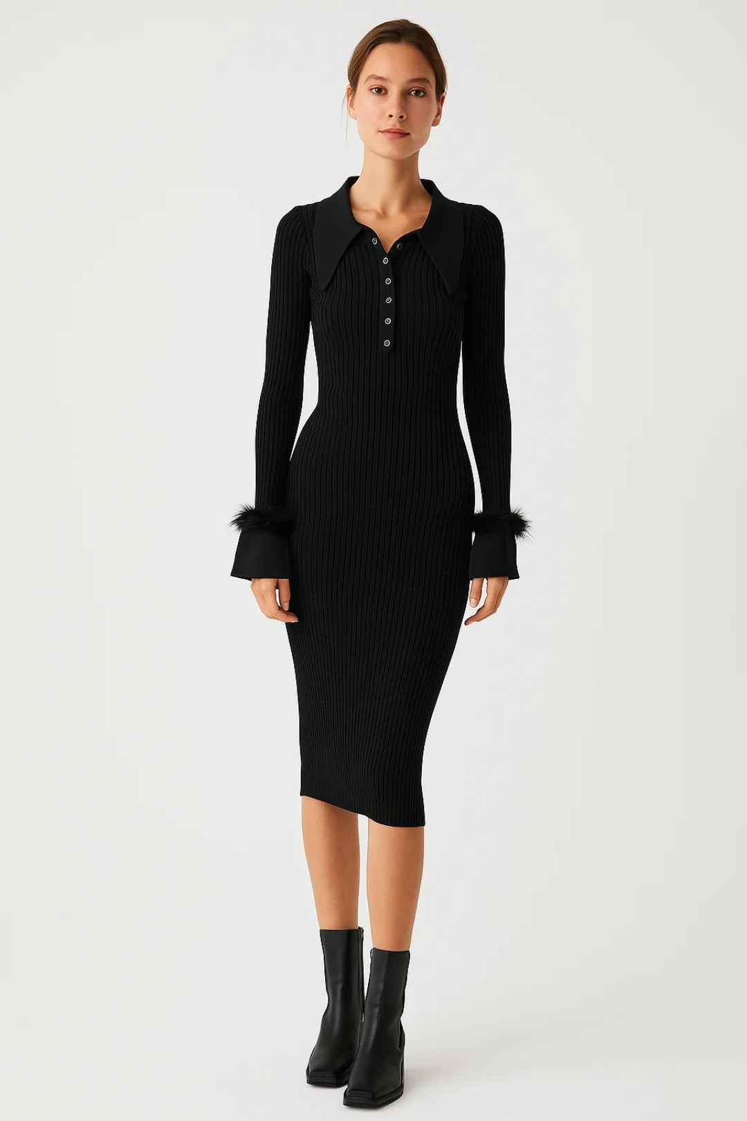 Robe midi Femme - Côtelée Col Polo avec Détails Plumes | Chic