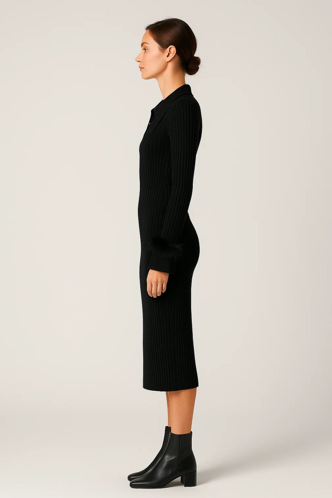 Robe midi Femme - Côtelée Col Polo avec Détails Plumes | Chic