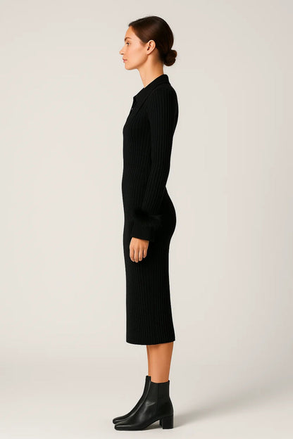 Robe midi Femme - Côtelée Col Polo avec Détails Plumes | Chic
