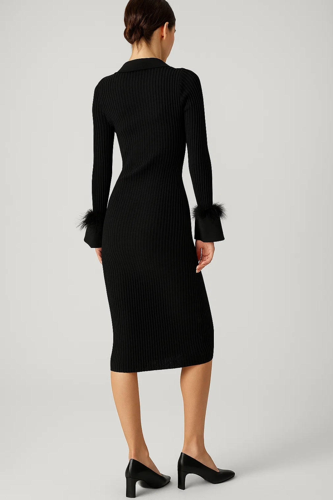 Robe midi Femme - Côtelée Col Polo avec Détails Plumes | Chic