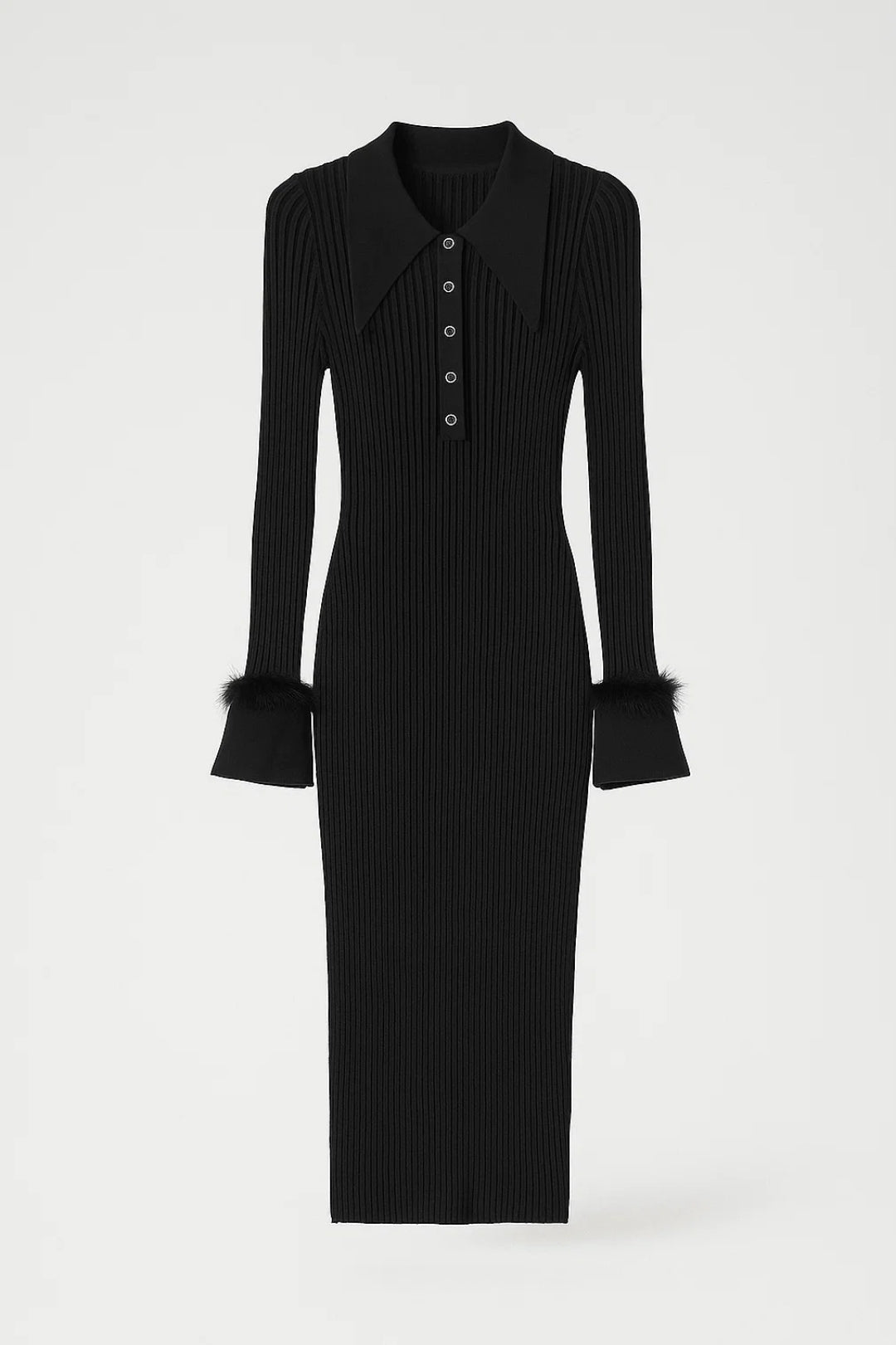 Robe midi Femme - Côtelée Col Polo avec Détails Plumes | Chic