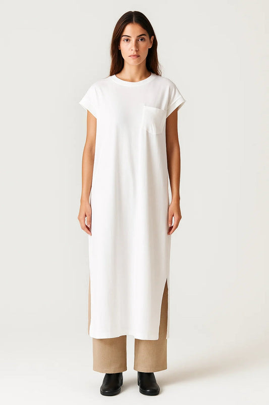 Robe Maxi Femme - Col Rond Manches Courtes Droite Fentes | Casual