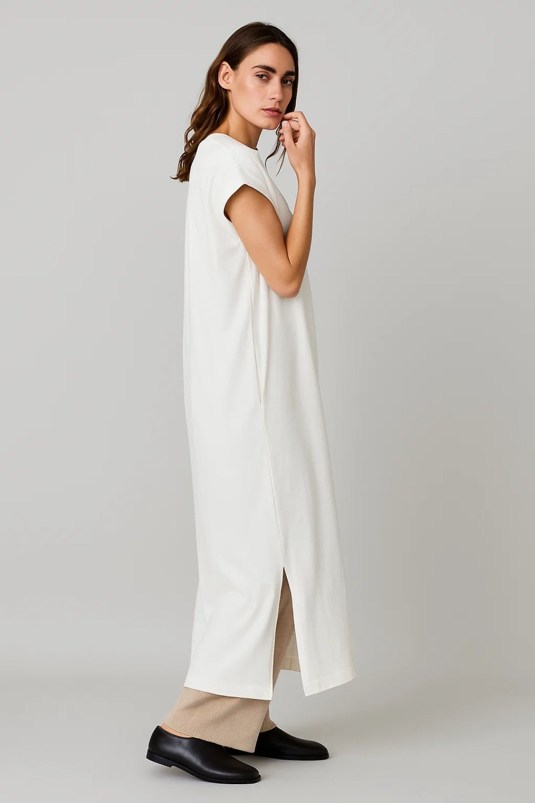 Robe Maxi Femme - Col Rond Manches Courtes Droite Fentes | Casual