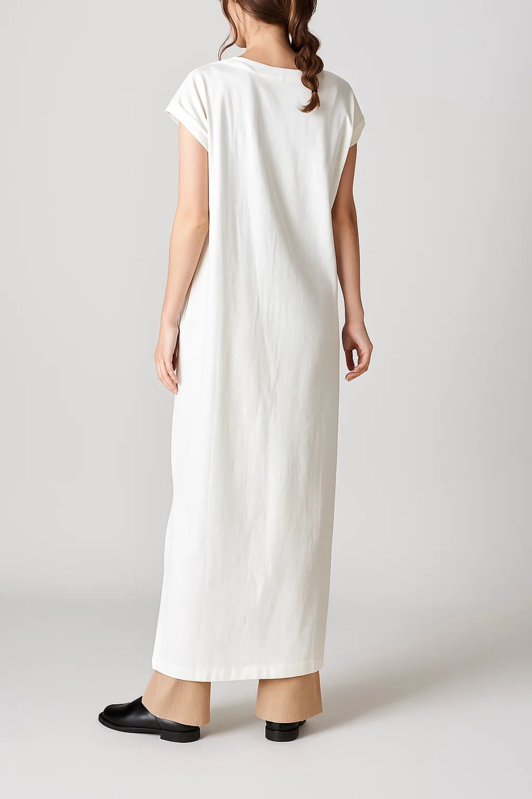 Robe Maxi Femme - Col Rond Manches Courtes Droite Fentes | Casual