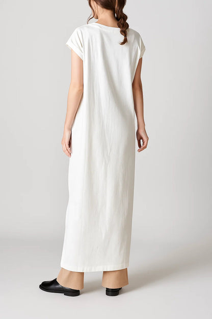 Robe Maxi Femme - Col Rond Manches Courtes Droite Fentes | Casual