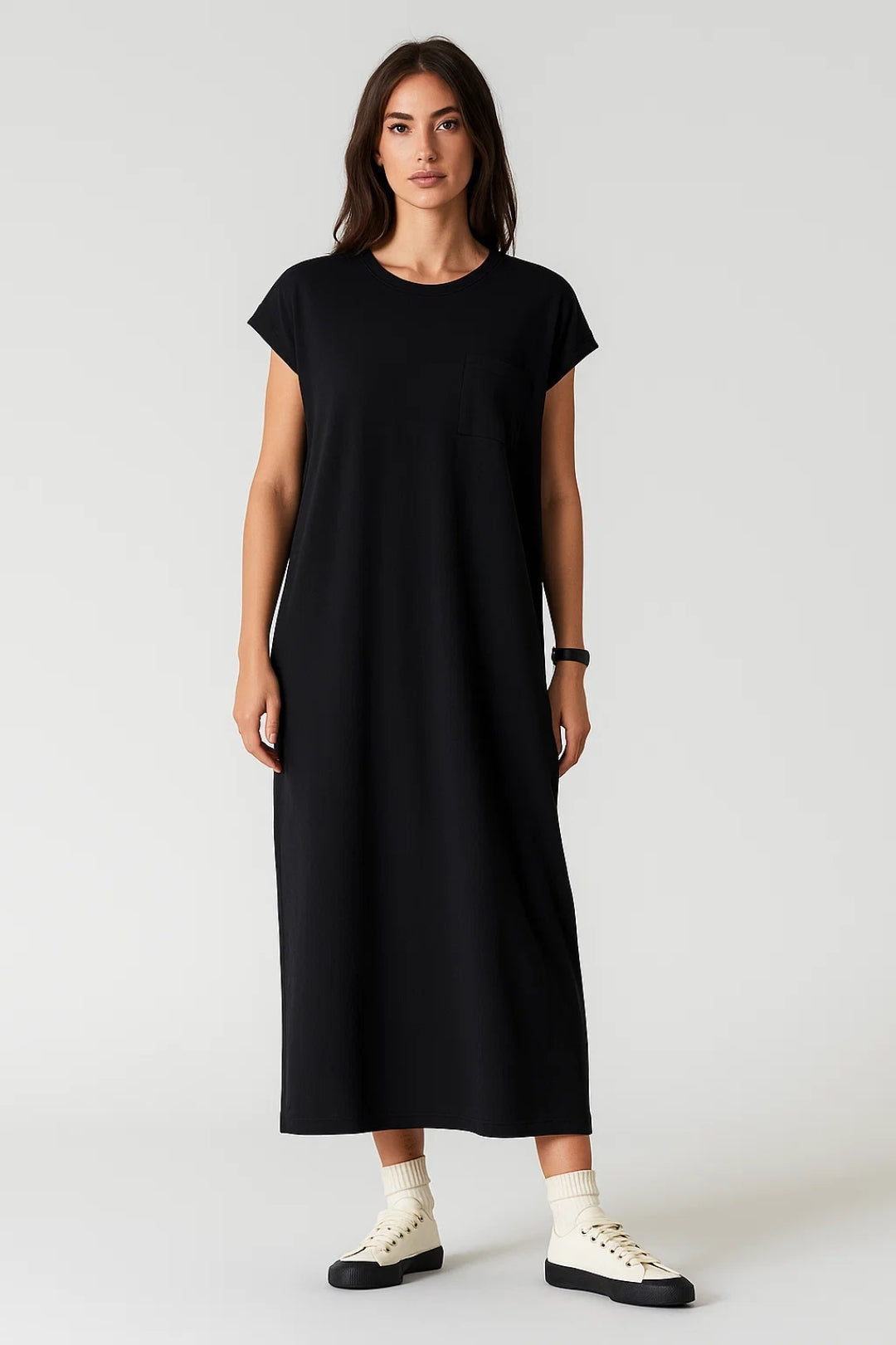 Robe Maxi Femme - Col Rond Manches Courtes Droite Fentes | Casual