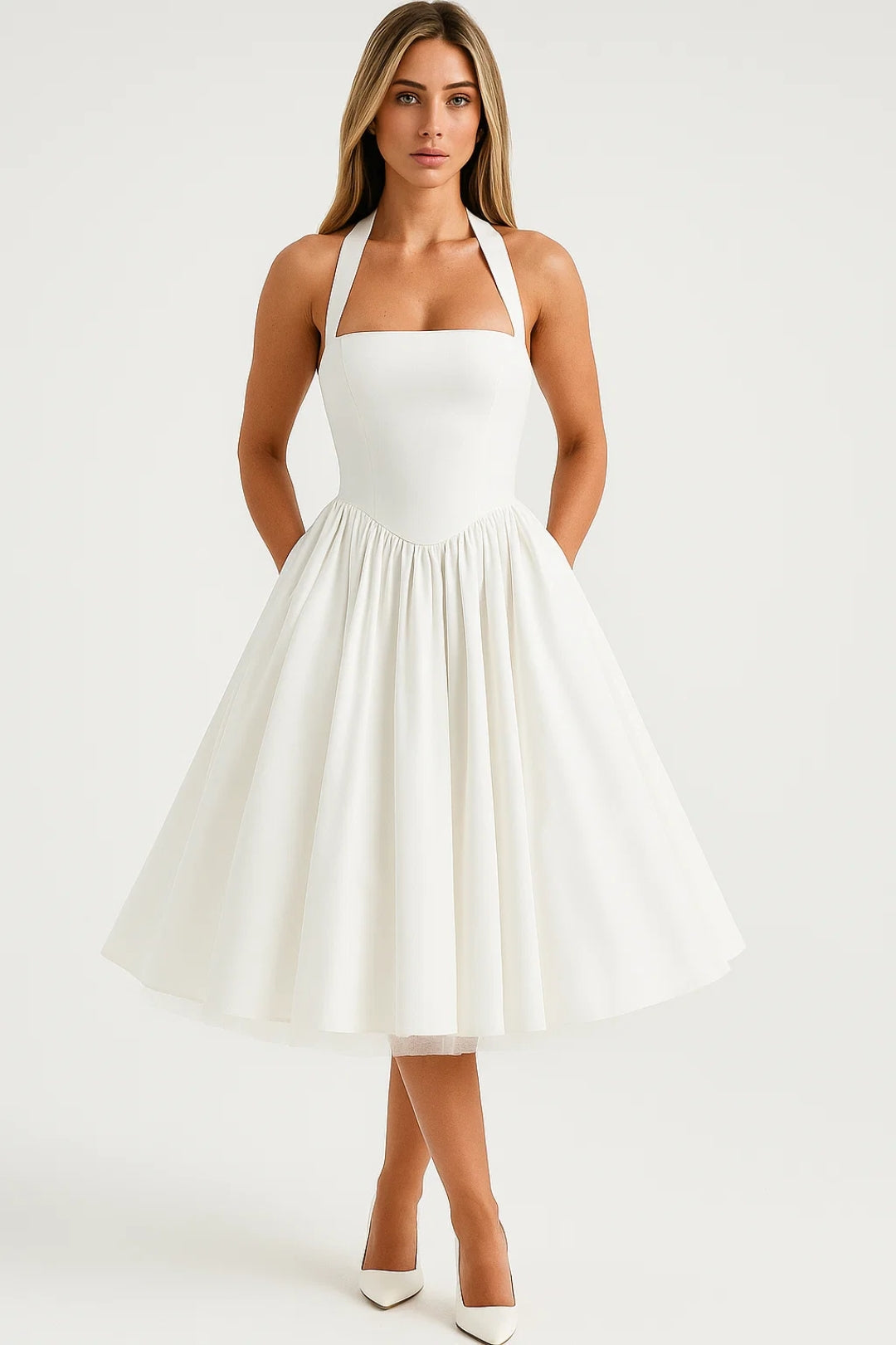 Robe Midi Femme - Halter Dos Nu Jupe Volumineuse | Mariage