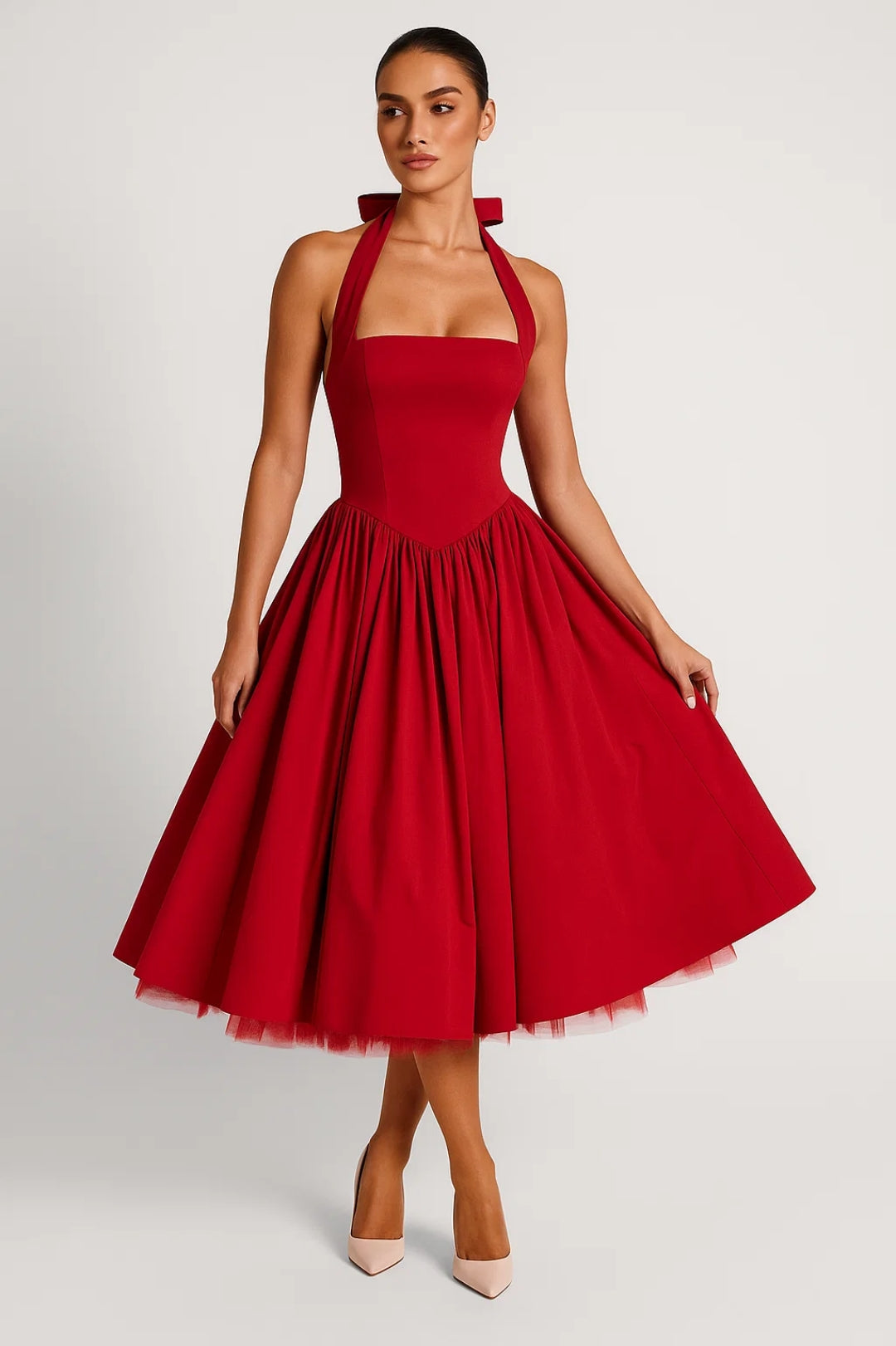 Robe Midi Femme - Halter Dos Nu Jupe Volumineuse | Mariage