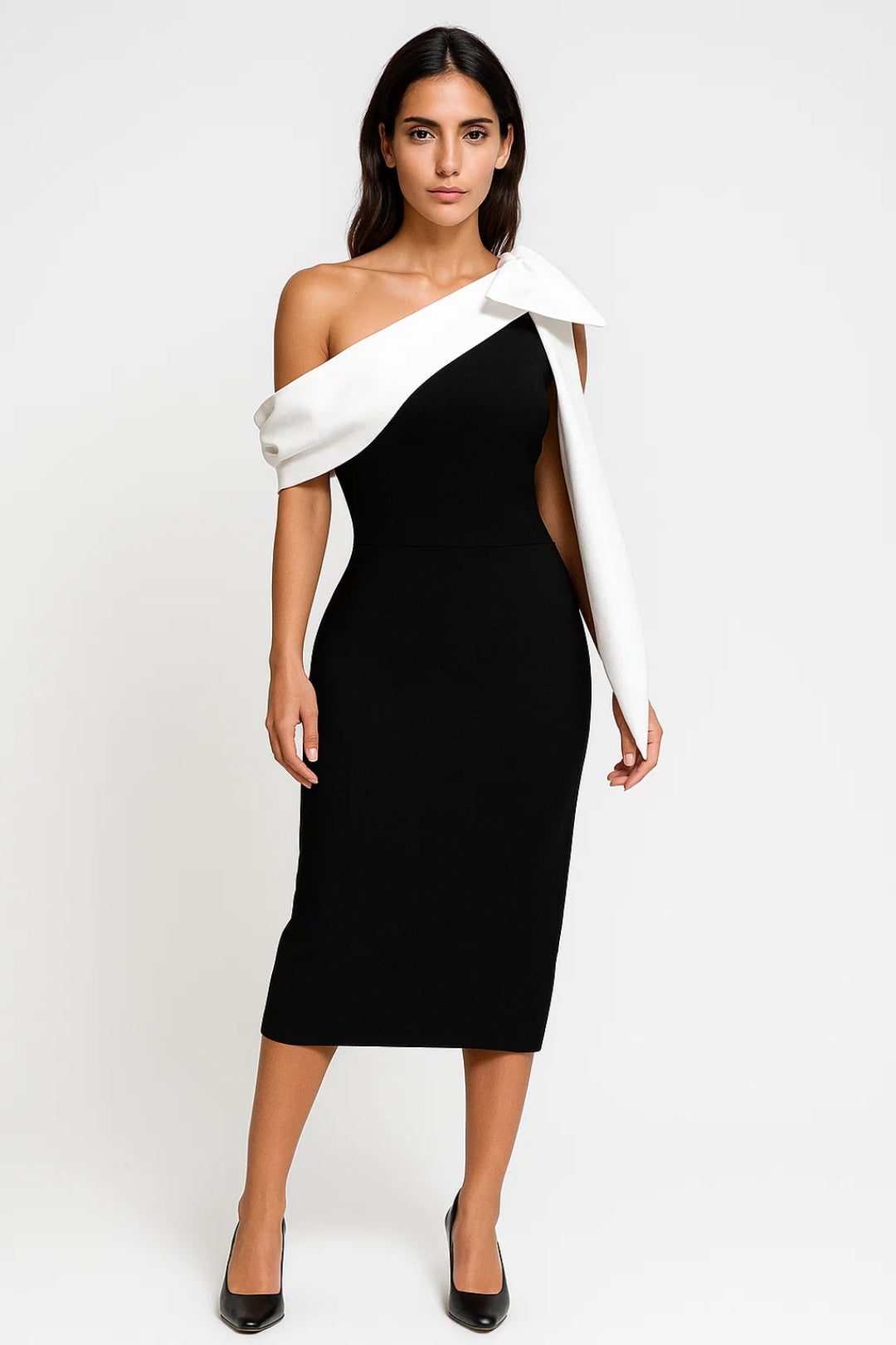 Robe Midi Femme - One Shoulder Moulante avec Noeud Contrasté | Chic