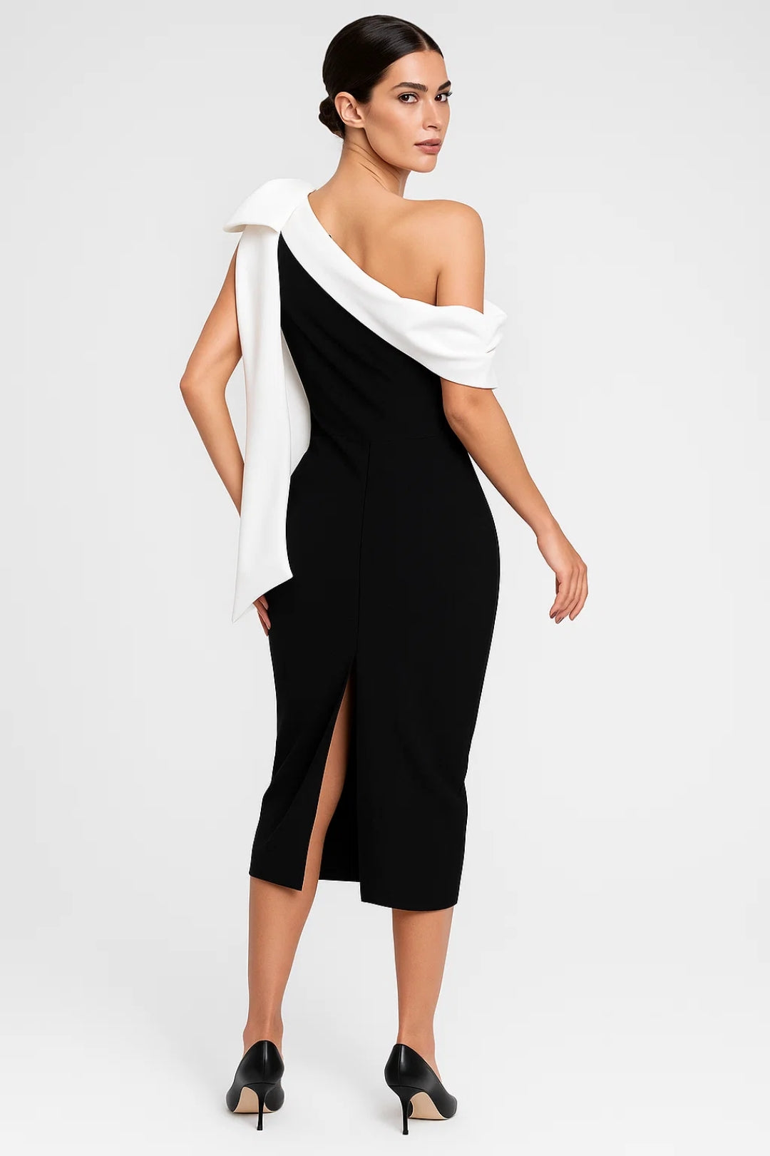 Robe Midi Femme - One Shoulder Moulante avec Noeud Contrasté | Chic