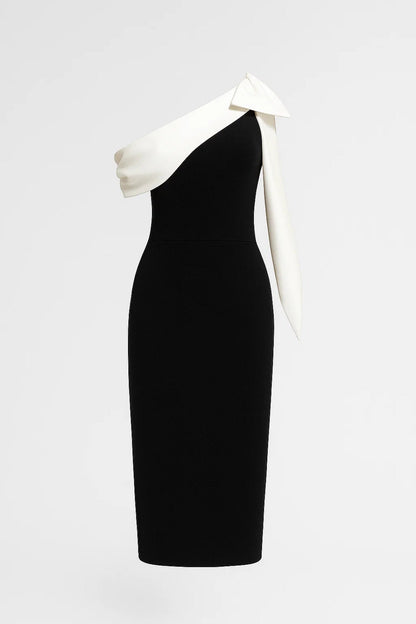 Robe Midi Femme - One Shoulder Moulante avec Noeud Contrasté | Chic