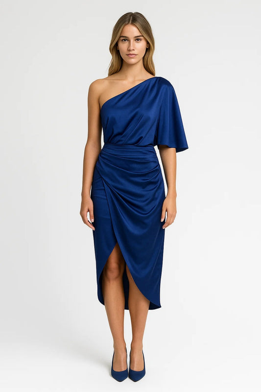 Robe Midi Femme - One Shoulder Drapée avec Fente | Chic