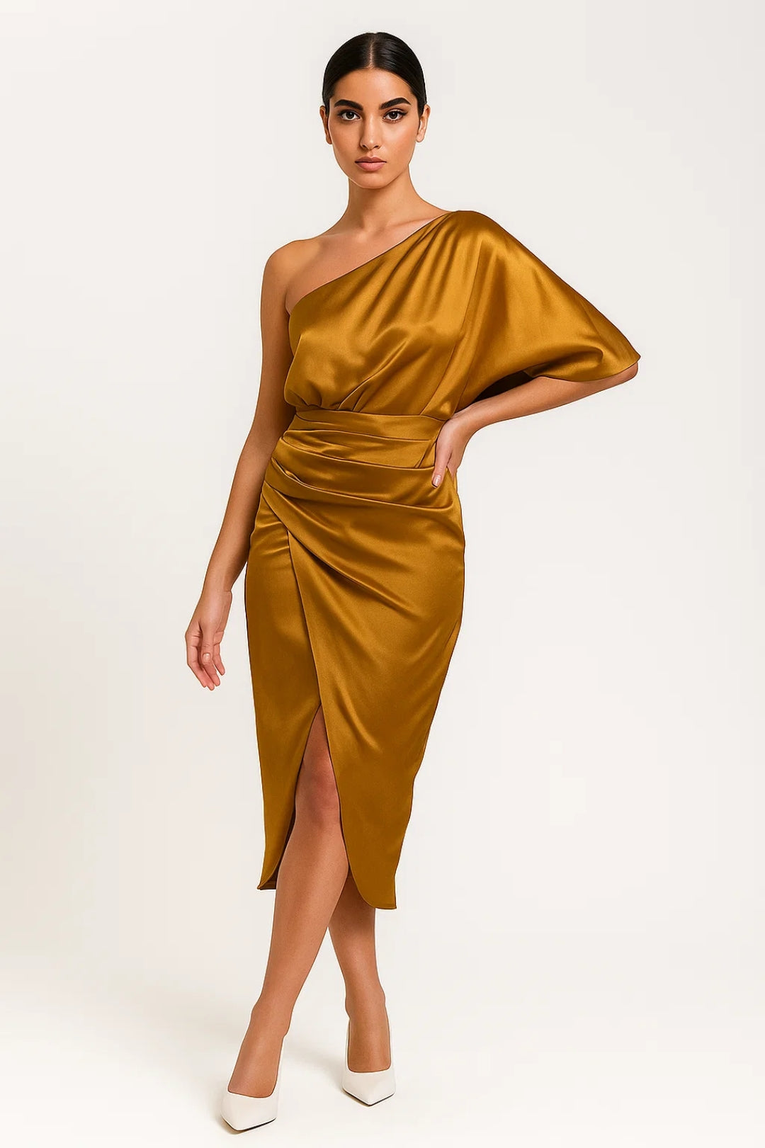 Robe Midi Femme - One Shoulder Drapée avec Fente | Chic