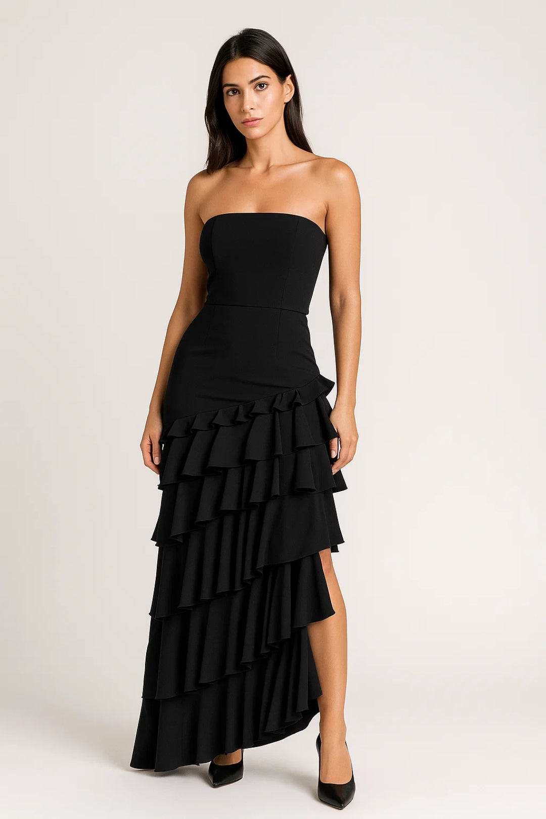 Robe Maxi Femme - Bustier Structuré avec Volants Étagés | Chic