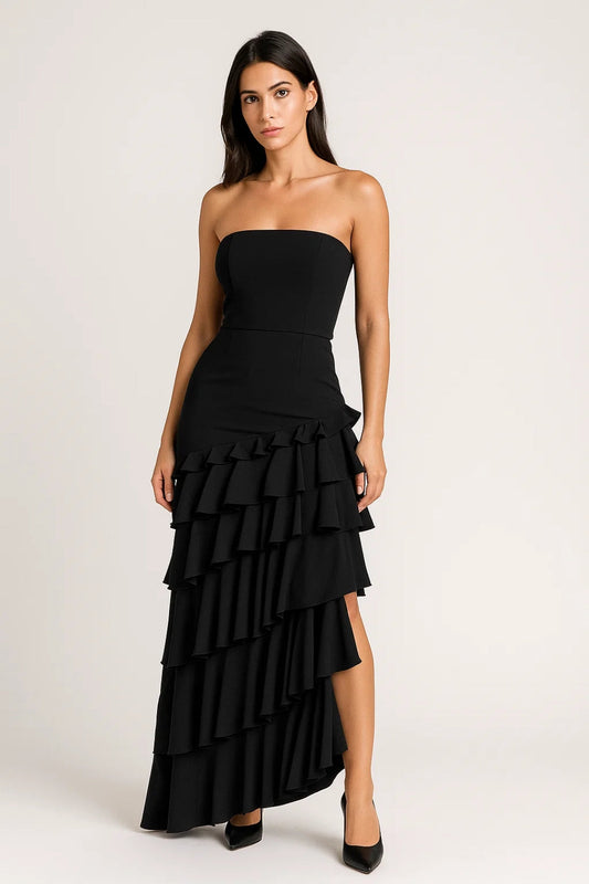 Robe Maxi Femme - Bustier Structuré avec Volants Étagés | Chic