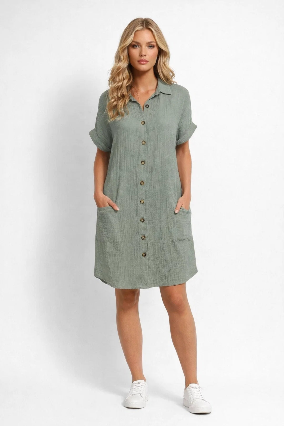 Robe Midi Femme - Col Chemise Boutons Manches Courtes | Casual