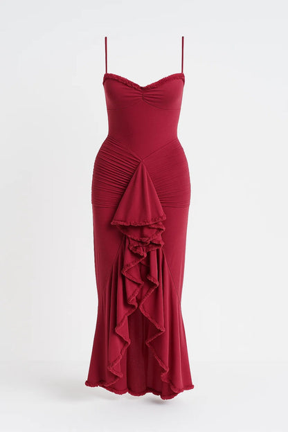 Robe Maxi Femme - Bustier Volants Asymétriques Bretelles | Soirée