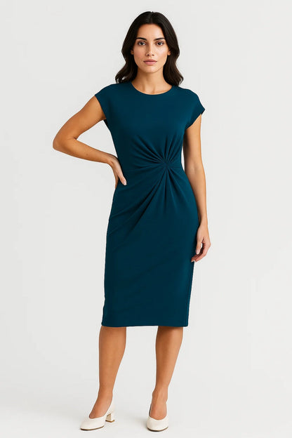 Robe Midi Femme - Manches Courtes Moulante avec Noeud à la Taille | Chic