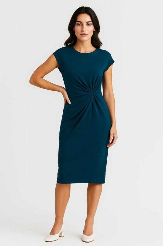 Robe Midi Femme - Manches Courtes Moulante avec Noeud à la Taille | Chic