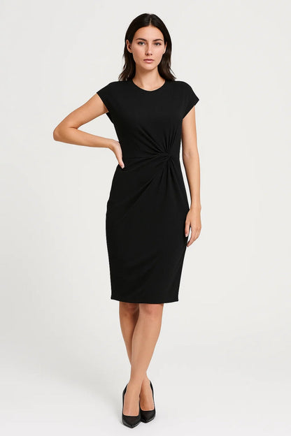 Robe Midi Femme - Manches Courtes Moulante avec Noeud à la Taille | Chic
