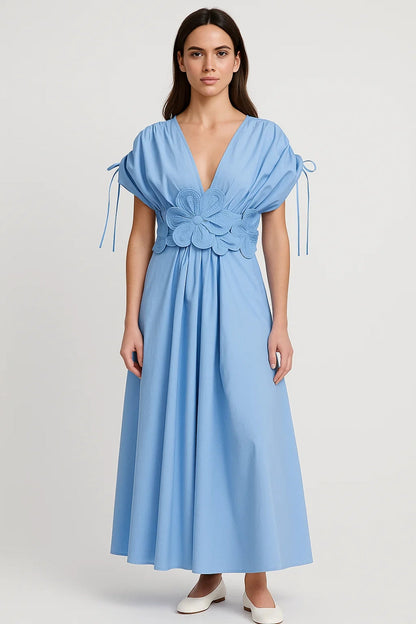 Robe Maxi Femme - Col V Profond avec Applique Florale à la Taille | Été